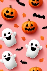 Fototapeta premium Colorful Halloween Pattern with Ghosts, Pumpkins, and Bats