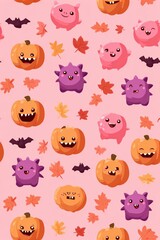 Obraz premium Cute Cartoon Monsters and Pumpkins on a Pink Background Pattern