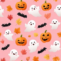 Cute Cartoon Ghosts and Pumpkins on Pink Background for Halloween