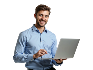 Smiling young businessman holding laptop isolated on transparent background
