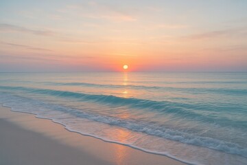 Gentle sunrise at tranquil sandy coast with smooth sea and pink blue glowing sky for inspiration