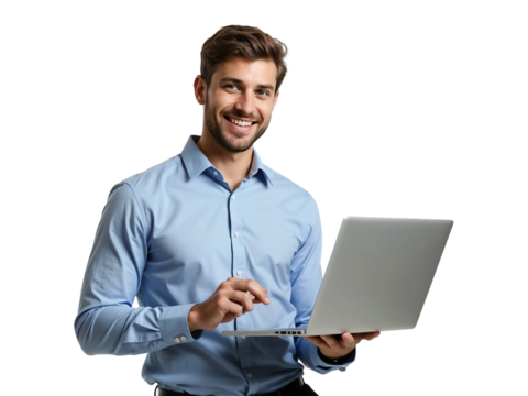 Smiling young businessman holding laptop isolated on transparent background