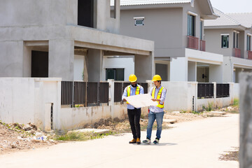 Engineering inspect construction site : construction worker Architects and contractor working...
