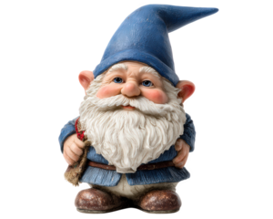 Smiling gnome statue blue hat white beard fantasy decor cheerful expression garden ornament holding stick whimsical detailed sculpture isolated background