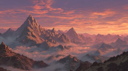 Naklejka premium Majestic Fantasy Mountain Range at Sunrise with Vibrant Sky Colors