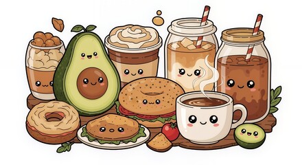 Adorable Kawaii Breakfast: Bagels, Coffee, and Avocados!