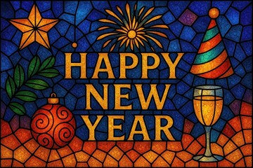 Bright stained glass new year card with party hat, champagne, and festive illustration in vivid colors