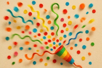 Festive party popper bursts rainbow confetti in playful vibrant polka dot style for new year greeting