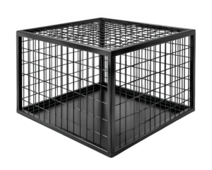 Black metal pet cage, straight side design, isolated on transparency background, empty and clean, suitable for dog or small animal, modern and sturdy, practical for home or travel use