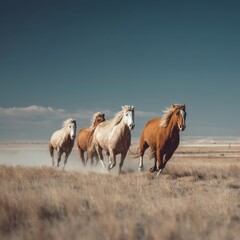 Wild horses running across grassland with windblown manes under clear blue sky
