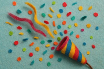 Cheerful party popper releases confetti on vibrant blue background for festive modern new year greeting