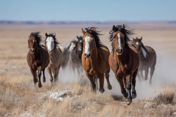 Wild horses running across grassland with windblown manes under clear blue sky