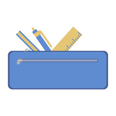 Blue pencil case with stationery flat design illustration, isolated on transparent background, perfect for school, office, and education design use