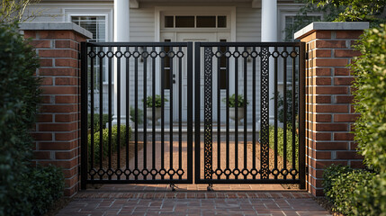 Fototapeta premium Black Wrought Iron Gate with Brick Pillars and Garden Pathway Leading to Residential Entrance