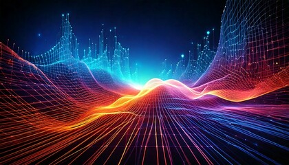 Futuristic digital background featuring luminous grids, neon geometry, and cyber light