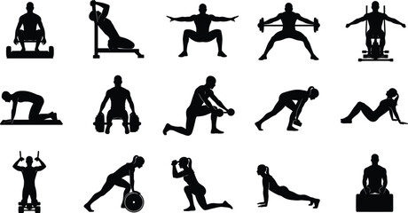 Vector silhouette collection of men and women performing various gym exercises, weight training, strength workout, fitness routine, functional training