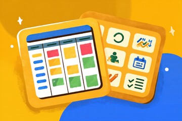 Agile explainer with Kanban board and Scrum icons in flat or 3D cartoon style