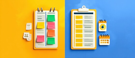 Agile explainer with Kanban board and Scrum icons in flat or 3D cartoon style