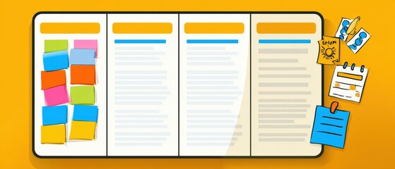 Agile explainer with Kanban board and Scrum icons in flat or 3D cartoon style