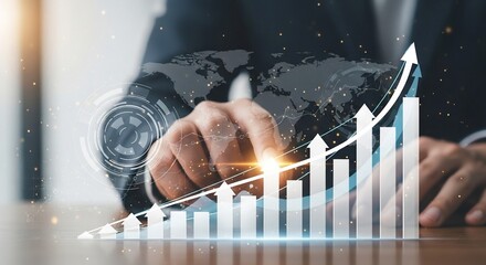 Hand touching glowing global business growth chart symbolizing digital transformation and financial success.