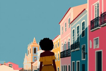 Colorful minimalist illustration of Salvador Pelourinho and Afro-Brazilian woman in historic setting
