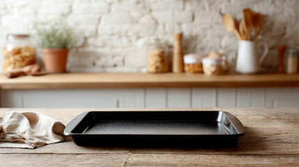 Empty black baking sheet on wooden table, ready for rustic home kitchen experience