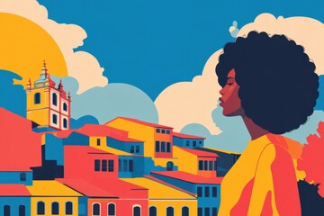 Colorful minimalist illustration of Salvador Pelourinho and Afro-Brazilian woman in historic setting