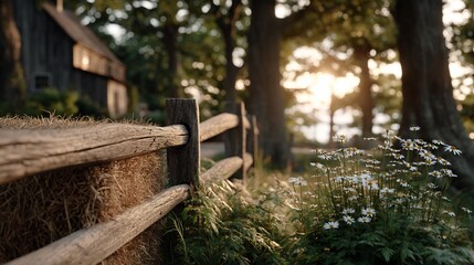 Rustic Fence Daisies and Barn in Golden Sunset Light.