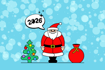 Cute cartoon Santa Claus with gift bag and red hat. Festive 2026 Christmas character illustration for greeting card, holiday banner, winter poster or merry celebration design.