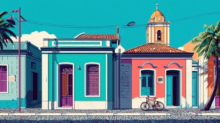 Colorful minimalist illustration of Centro Hist&oacute;rico de Olinda with colonial buildings