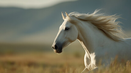 Obraz premium Pure white horse gallops through golden field, mane flowing wild. Symbolizes powerful freedom