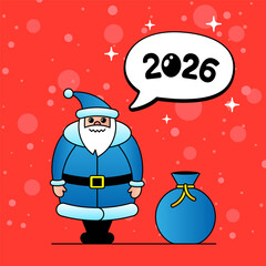 Playful Santa Claus drawing holding sack of gifts. Cheerful 2026 Christmas character illustration for winter greeting card, party banner, festive poster or seasonal decoration.