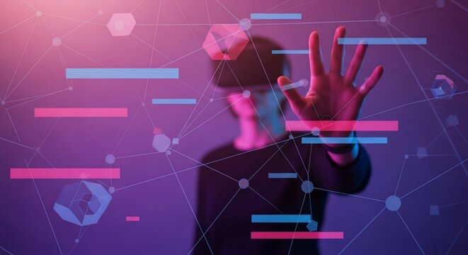 Immersive VR Experience Person Interacting with Digital Interface in a Futuristic PinkBlue Lit Metaverse.