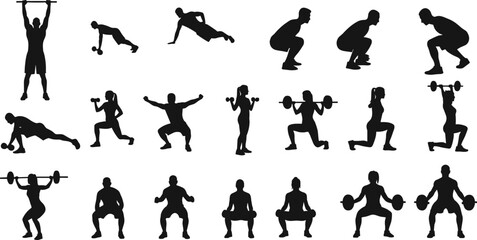 Vector Silhouette of Men and Women Performing Dumbbell, Barbell, Bodyweight Squats, Push-ups, and Strength Training in Gym Workout