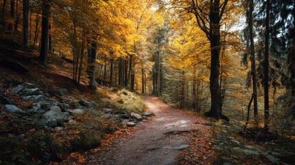Fototapeta premium Serene Forest Trail Surrounded by Golden Autumn Leaves