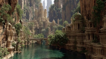 Naklejka premium Forgotten City on the Edge of a Canyon with Lush Greenery