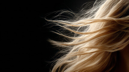Naklejka premium Vibrant golden hair flowing softly, beautifully illuminated against dark background