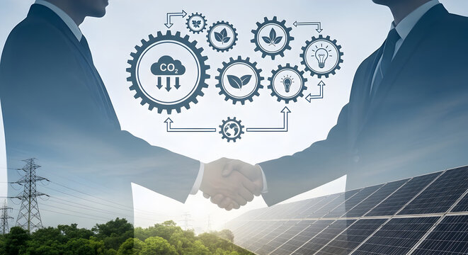 Business deal for sustainable energy solutions with handshake and solar panels for a green future