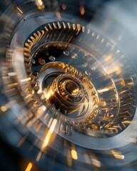 Fototapeta premium Intricate Golden Mechanical Gears in Dynamic Motion, Extreme Close-up
