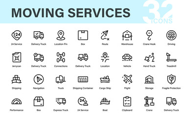 Line-style web icons for transportation and moving services.  Packing, loaders, collection, office relocation, and courier.  Pack of thin outline icons.