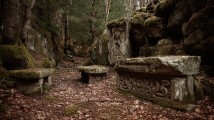 Fototapeta premium Old Stone Carvings in Forgotten Ritual Site Surrounded by Nature