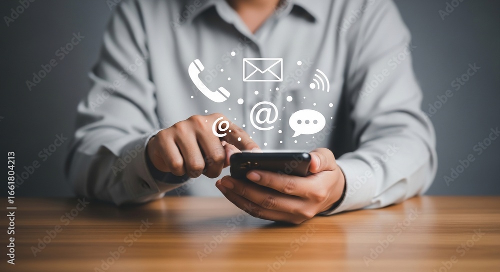 Poster man using smartphone with contact icons digital communication concept.