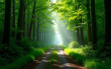 Obraz premium Lush green forest path, misty tunnel of trees, nature background, tranquility. High quality