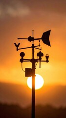 Dramatic silhouette of a weather station against a fiery sunrise sky panorama