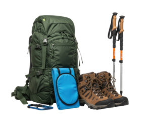 Backpacking and Hiking Gear with a Green Backpack and Boots cutout isolated on transparent bg, png