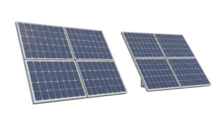 Two Separate Arrays of Blue Solar Panels cutout isolated on transparent bg, png