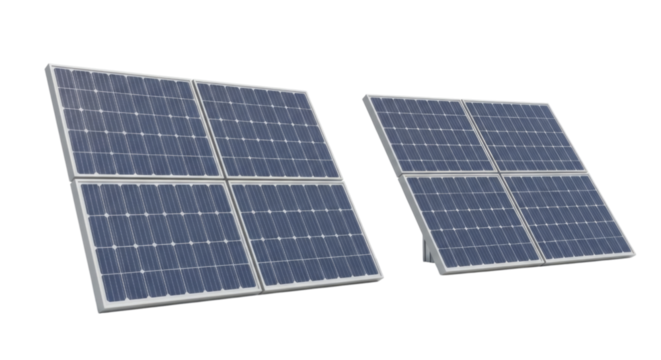 Two Separate Arrays of Blue Solar Panels cutout isolated on transparent bg, png