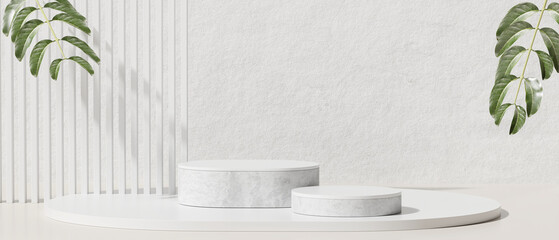 Naklejka na ściany i meble Minimal marble podium leaves abstract nature product display marketing. 3D Rendering