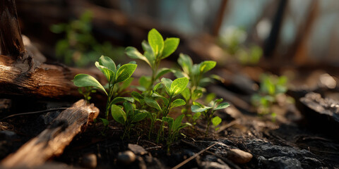 Young green plant sprouting from soil with warm sunlight creating hopeful and fresh atmosphere in nature