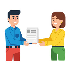 Business Transaction Illustrated: An illustrated image depicts a professional business exchange, where a document transfer takes place between two people, each playing an important role. 